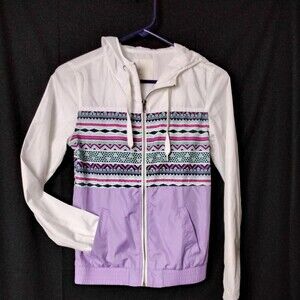 Zine white and purple zip-up hoodie with geometric tribal pattern in pink, black